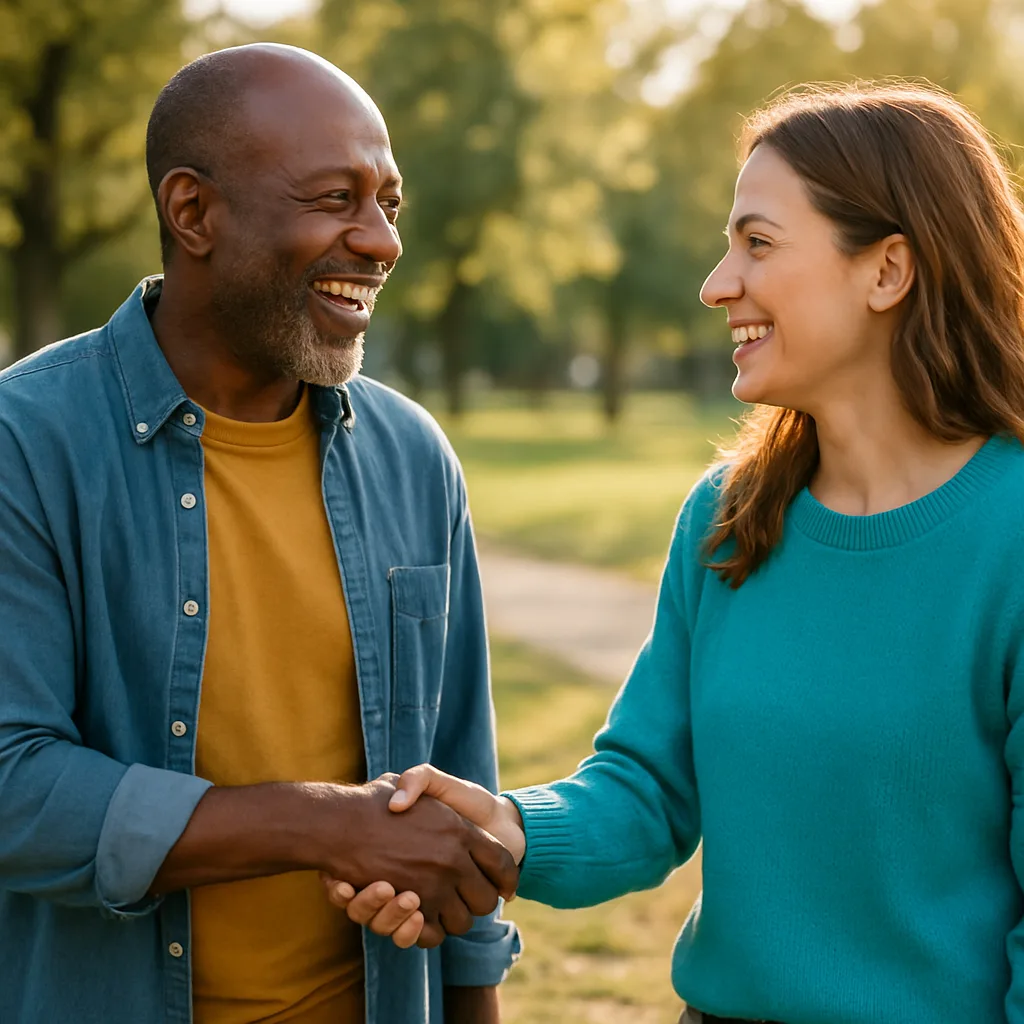 Two people meeting at a local park — genuinely local Surrey dating