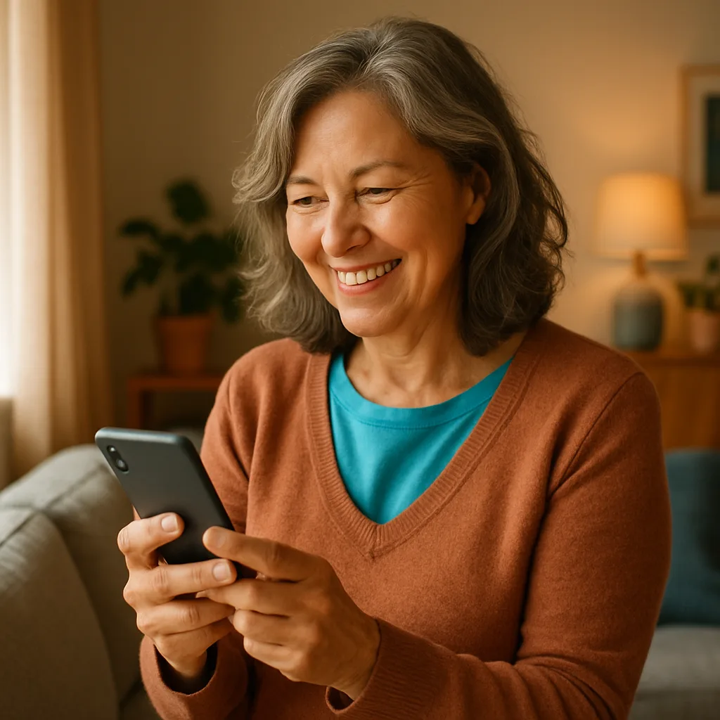 Smiling woman confidently checking her phone — verified profiles on The Surrey Dating Site
